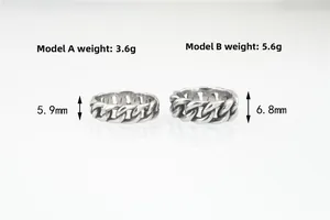 Macro view of silver Cuban link chain rings in different widths and weights