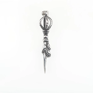 Vintage stainless steel Vajra pestle necklace pendant with intricate religious carving