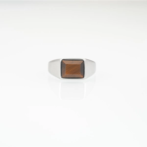 Men's silver ring with rectangular brown tiger eye stone on a clean white background