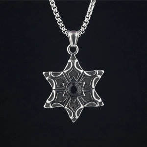 Collier Pendentif Hexagramme en Acier Inoxydable Vintage Gothique Punk Étoile de David Bijoux avec Pierre Noire pour Homme Femme Hip Hop