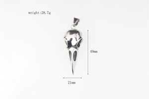 Polished steel viking raven skull pendant detail with dimensions 49mm and weight 28.7g