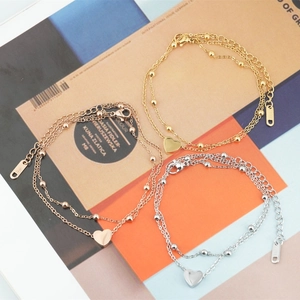 Women Double Layer Stainless Steel Heart Pendant Bracelet With Beads Adjustable Chain Minimalist Summer Jewelry For Daily Wear