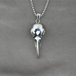Gothic viking crow skull pendant necklace in silver stainless steel with box chain