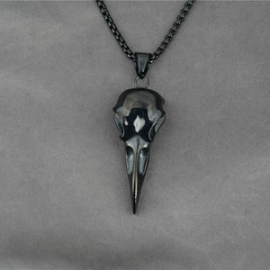 Gothic black raven skull pendant necklace with raven head design in punk viking style