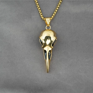 Gothic gold crow skull pendant necklace with polished box chain for punk style jewelry