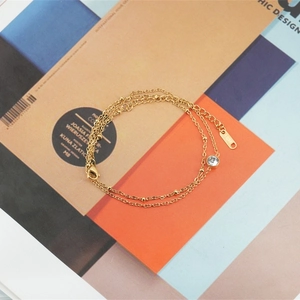 Double-layer gold titanium steel bracelet with small gold beads and clear zircon stone