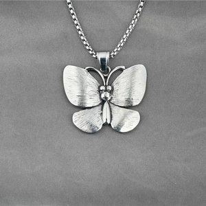 Vintage Titanium Steel Butterfly Pendant Necklace Hip Hop Style Brushed Texture Jewelry Accessory For Men And Women