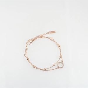 Élégant bracelet double couche en acier inoxydable or rose avec pendentif cercle en cristal