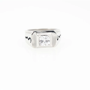 Elegant men's square zircon titanium steel ring with black wave engraved details