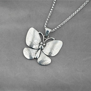 Vintage butterfly pendant necklace in brushed stainless steel with sturdy box chain