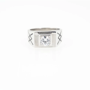 Square titanium steel ring with sparkling center stone and engraved rune patterns