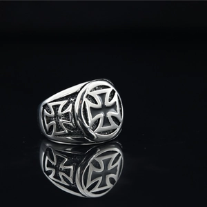 Men's vintage iron cross stainless steel ring with black relief on black background