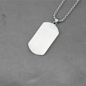 Men's titanium steel military tag necklace with brushed silver rectangle pendant