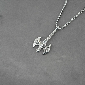 Polished viking axe pendant necklace in stainless steel with celtic knot and cross