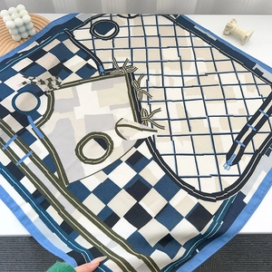Elegant geometric checkerboard square silk scarf in navy blue and beige colors