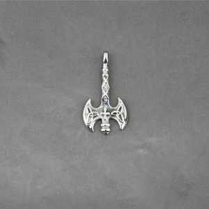 Vintage silver Viking battle axe pendant necklace with Celtic knot and cross patterns
