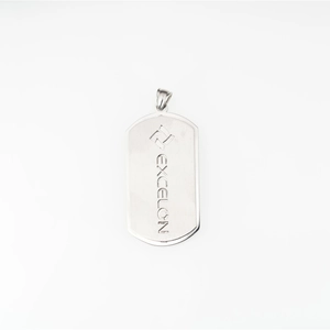 Polished steel dog tag necklace with EXCELON engraving and brushed metal texture