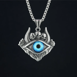 Collier Vintage Gothique Punk Mauvais Œil en Acier Titane Pour Hommes Femmes Pendentif Crâne Ailes de Diable Œil Bleu Bijoux