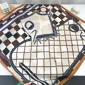 Classic herringbone silk scarf with brown checkerboard pattern and retro geometric design