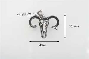 Detailed view of 3D goat skull pendant with dimensions 43mm width and 21.1g weight