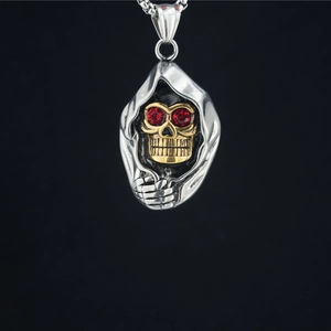 Collier Pendentif Crâne de la Faucheuse Punk Gothique en Acier Inoxydable Bicolore Or Argent Squelette Strass Bijoux de Motard