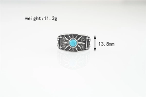 Macro detail of retro turquoise sun pattern ring in titanium steel, 13.8mm band width