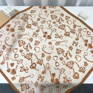 Elegant French luxury square silk scarf with rose, heart, and pearl patterns for women
