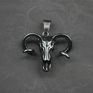 Gothic bull head skull pendant in vintage titanium steel with detailed ram horns