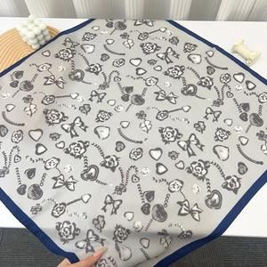 Elegant French square scarf with rose and heart patterns in grey with navy blue borders