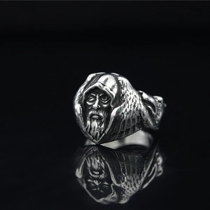 Vintage Stainless Steel Carved Wizard Ring For Men Distressed Gothic Punk Biker Finger Ring Mythological Hooded Figure Jewelry
