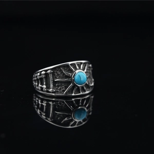 Vintage sun pattern ring with turquoise stone in retro silver finish for men and women