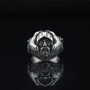 Gothic Gandalf Wizard Ring with Nordic Wolf and Feather Details in Antique Silver Finish