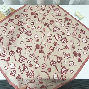 French luxury square silk scarf with floral rose print and pink border on white background