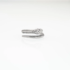 Retro stainless steel snake ring with textured scales and vintage silver finish
