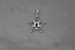 Detailed macro view of vintage titanium steel star pendant with a black center stone