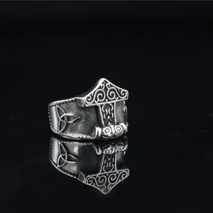Vintage Thor's Hammer Viking ring for men in silver stainless steel with Celtic knots