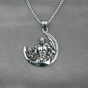 Retro Titanstahl Fitness Mond Bodybuilding Mann Anhänger Halskette Vintage Muskelmann Hantel Gym Schmuck Für Herren