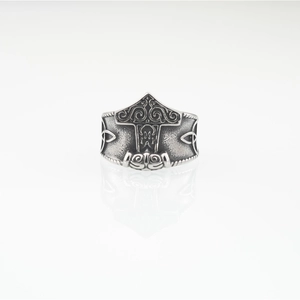 Vintage Thor's Hammer Viking ring in silver steel with Celtic knot engravings