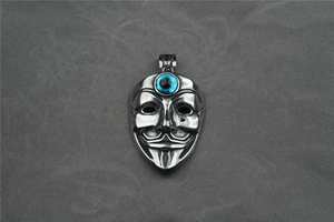 Detail eines silbernen Punk-Clown-Maskenanhängers mit blauem Teufelsauge und Politur