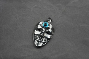 Detailansicht des silbernen Edelstahl Joker Masken Anhängers mit blauem Evil Eye Auge