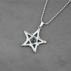 Minimalist hexagram star pendant necklace with black stone on a silver box chain