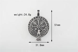 Close-up of vintage steel eagle pendant with Vegvisir compass and size specifications