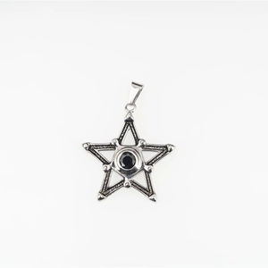 Vintage silver pentagram star pendant necklace with black gemstone for men and women