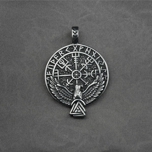Retro Viking eagle pendant necklace in stainless steel with Vegvisir compass symbols