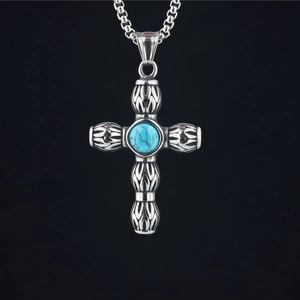 Collier Pendentif Croix en Acier Inoxydable Vintage Avec Incrustation de Turquoise Bijoux Religieux Gothiques pour Hommes Femmes