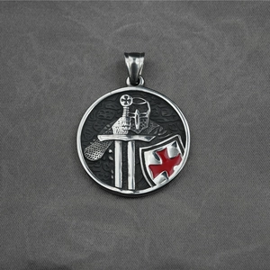 Knights Templar shield pendant necklace with red cross and sword in vintage steel