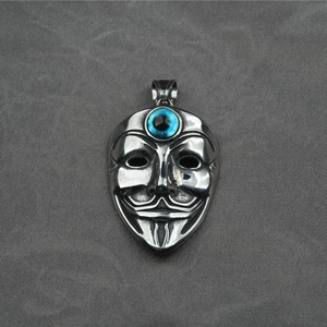 Punk Guy Fawkes Maske Anhänger Halskette mit blauem bösem Auge aus poliertem Edelstahl