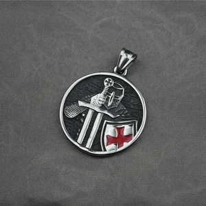 Knights Templar cross pendant necklace in steel with red enamel shield for men