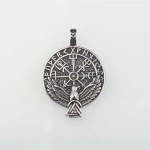 Vintage stainless steel Vegvisir eagle pendant necklace with Norse runes and Valknut symbol