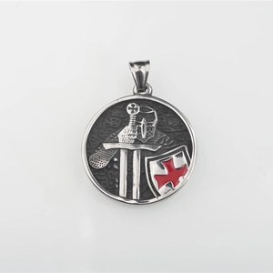Knights Templar titanium steel pendant necklace with red cross shield and sword engraving